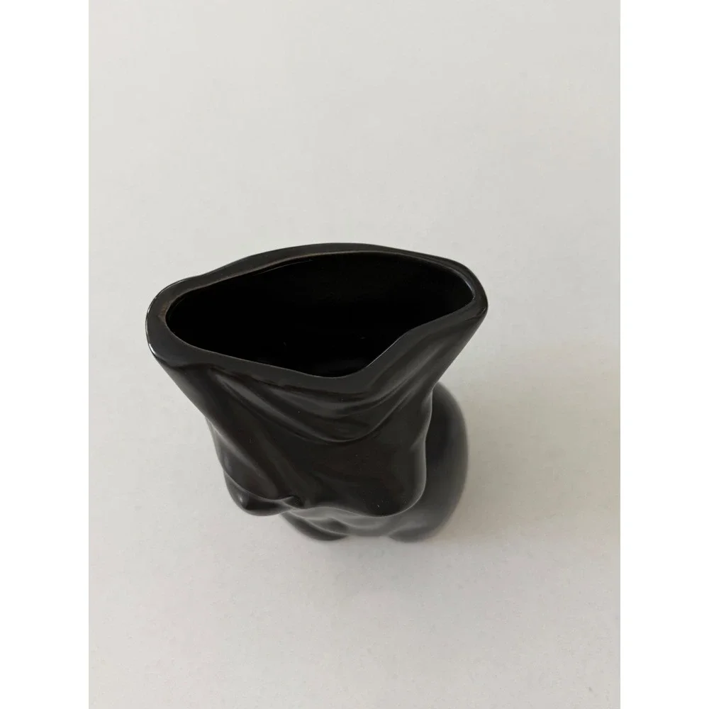 Matte Black Ceramic Female Torso Vase Draped Body Sculptural Modern Decor